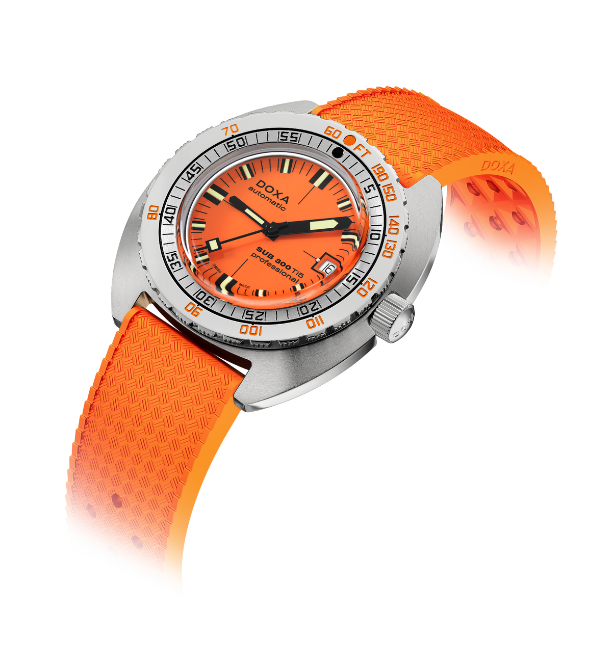 An angled product view of the titanium case and orange rubber strap.